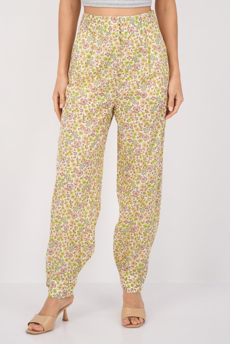 Scotch & Soda Women Regular Fit Floral Print Straight Leg Pant, Cream Combo  - Image 1