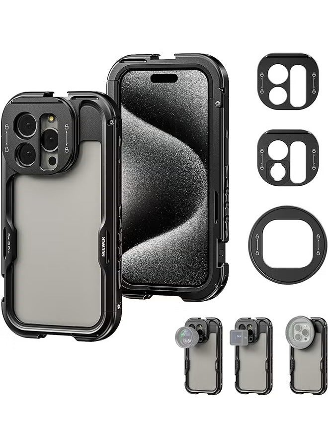 Neewer Neewer 15 Pro Cage [2nd Generation], Quick Release Design Video Rig Phone Stabilizer with 67mm Filter Adapter, 17mm Lens Backplate, T Mount Lens Adapter Compatible with Moment T Series Lens, PA043  - Image 1