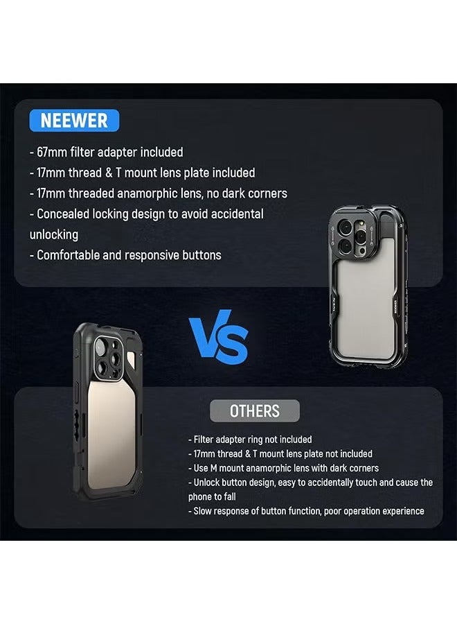 Neewer Neewer 15 Pro Cage [2nd Generation], Quick Release Design Video Rig Phone Stabilizer with 67mm Filter Adapter, 17mm Lens Backplate, T Mount Lens Adapter Compatible with Moment T Series Lens, PA043  - Image 5