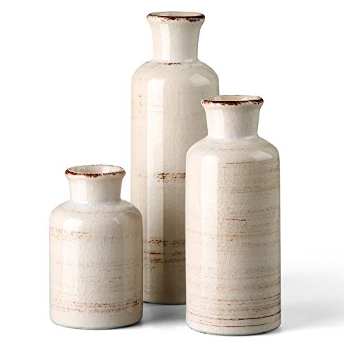 CwlwGO-Small White Ceramic Vase Set,Rustic Flower Vases for Home Décor,Flower Vase,Farmhouse Country Décor,Living Room Centerpiece Table Decorations,Shelf & Mantel Decor. - Image 1