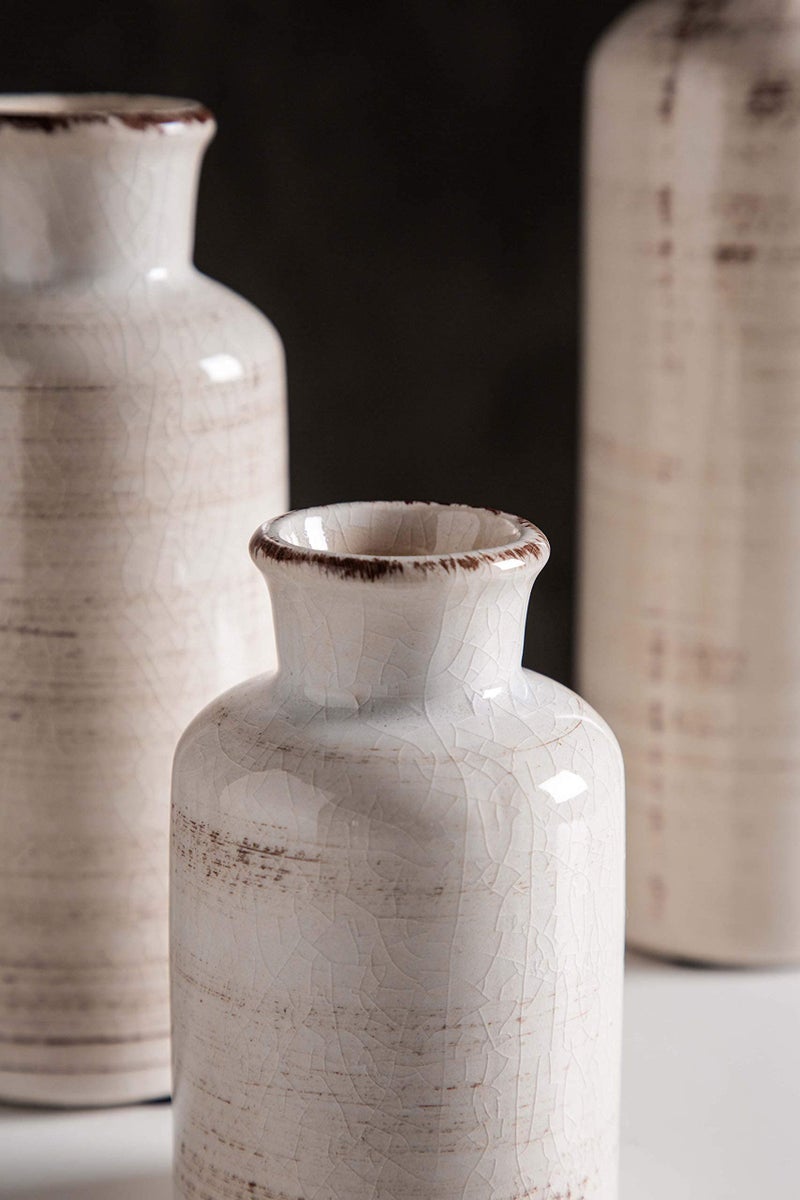 CwlwGO-Small White Ceramic Vase Set,Rustic Flower Vases for Home Décor,Flower Vase,Farmhouse Country Décor,Living Room Centerpiece Table Decorations,Shelf & Mantel Decor. - Image 3