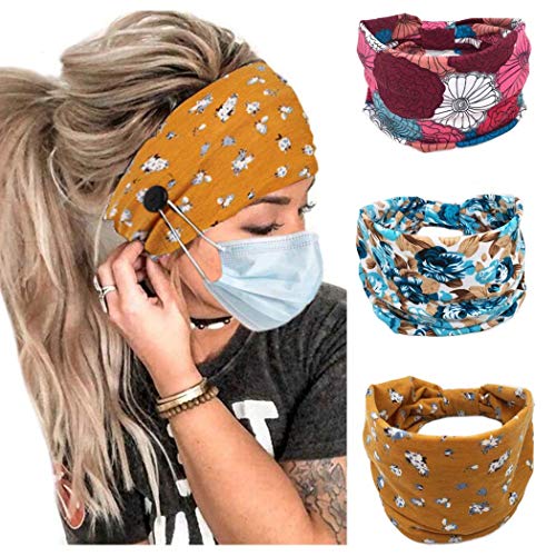 Bohend Boho Button Headbands Wide Stretchy Daily Use Hair Band Headwear Sport Athletic Yoga Gym Hair Accessories for Women and Girls(3pcs) (K) - Image 1