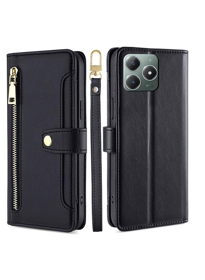 اس-توب جراب هاتف Realme C61 4G من جلد الأغنام بتصميم متقاطع مع سحاب ومحفظة جلدية - Image 1