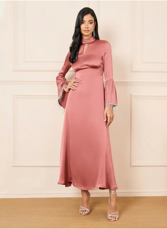 Styli Satin Embellished Trim Bell Sleeves A-Line Maxi Dress