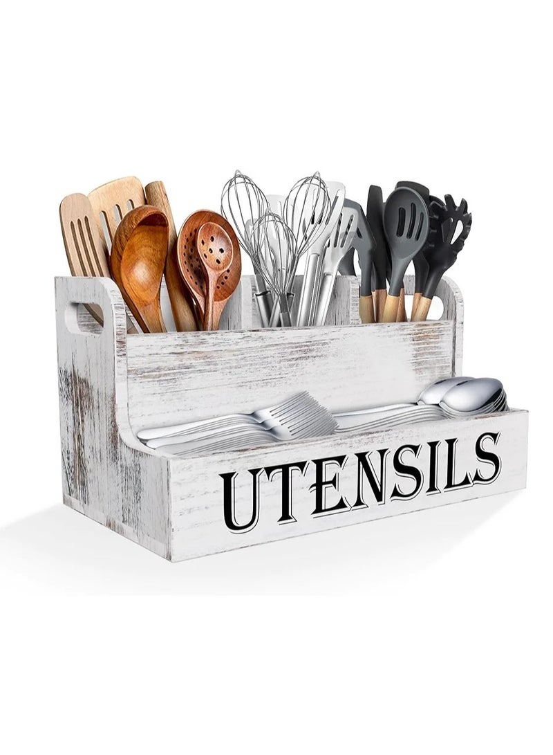 Cozy Nest Rustic Wooden Utensil Holder with 4 Compartments Large Farmhouse Kitchen Organizer for Spoons Spatulas Jars Paulownia Wood Countertop Caddy with Side Handles Vintage Style - Image 1