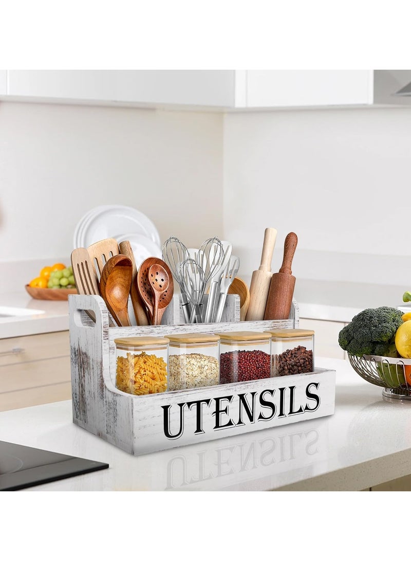 Cozy Nest Rustic Wooden Utensil Holder with 4 Compartments Large Farmhouse Kitchen Organizer for Spoons Spatulas Jars Paulownia Wood Countertop Caddy with Side Handles Vintage Style - Image 2