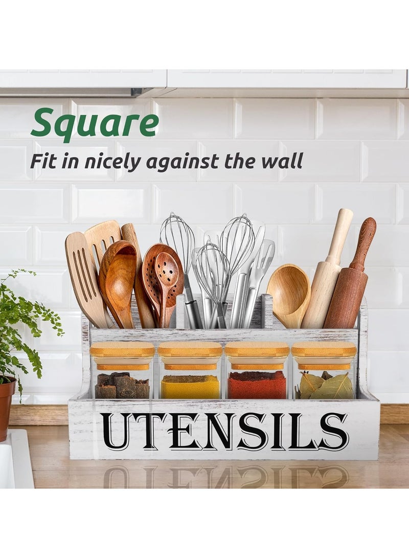 Cozy Nest Rustic Wooden Utensil Holder with 4 Compartments Large Farmhouse Kitchen Organizer for Spoons Spatulas Jars Paulownia Wood Countertop Caddy with Side Handles Vintage Style - Image 3