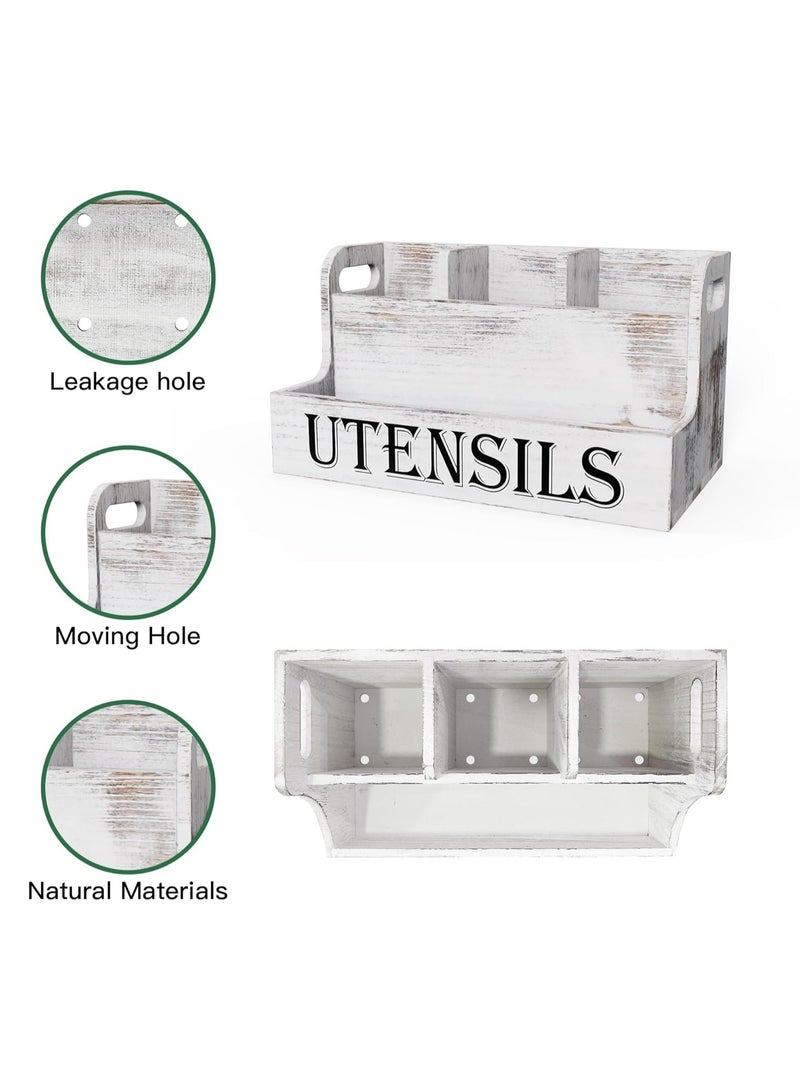 Cozy Nest Rustic Wooden Utensil Holder with 4 Compartments Large Farmhouse Kitchen Organizer for Spoons Spatulas Jars Paulownia Wood Countertop Caddy with Side Handles Vintage Style - Image 4