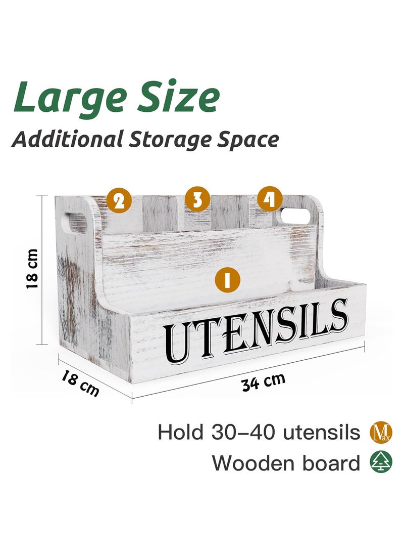 Cozy Nest Rustic Wooden Utensil Holder with 4 Compartments Large Farmhouse Kitchen Organizer for Spoons Spatulas Jars Paulownia Wood Countertop Caddy with Side Handles Vintage Style - Image 5