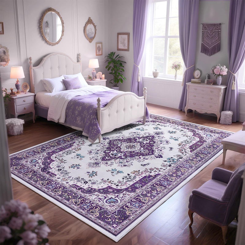 HOMORE Purple Area Rug 8x10 Living Room Rug,Non Slip Washable Rugs for Bedroom Lavender Floor Carpet for Dining Room Office Ultra Thin Vintage Floral Rugs for Farmhouse Home Office Decor - Image 3