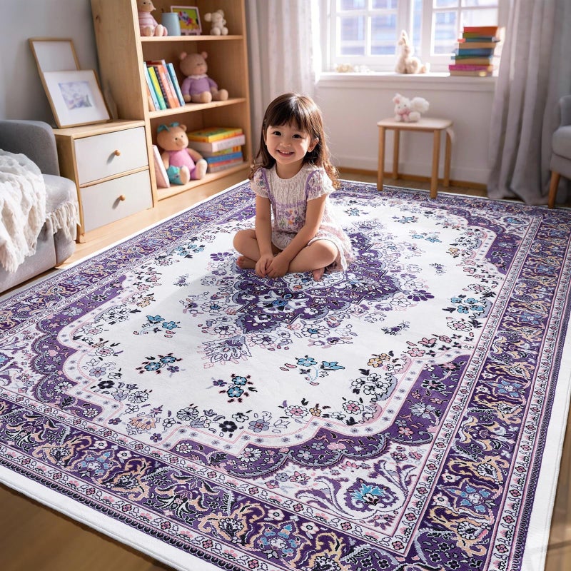 HOMORE Purple Area Rug 8x10 Living Room Rug,Non Slip Washable Rugs for Bedroom Lavender Floor Carpet for Dining Room Office Ultra Thin Vintage Floral Rugs for Farmhouse Home Office Decor - Image 2