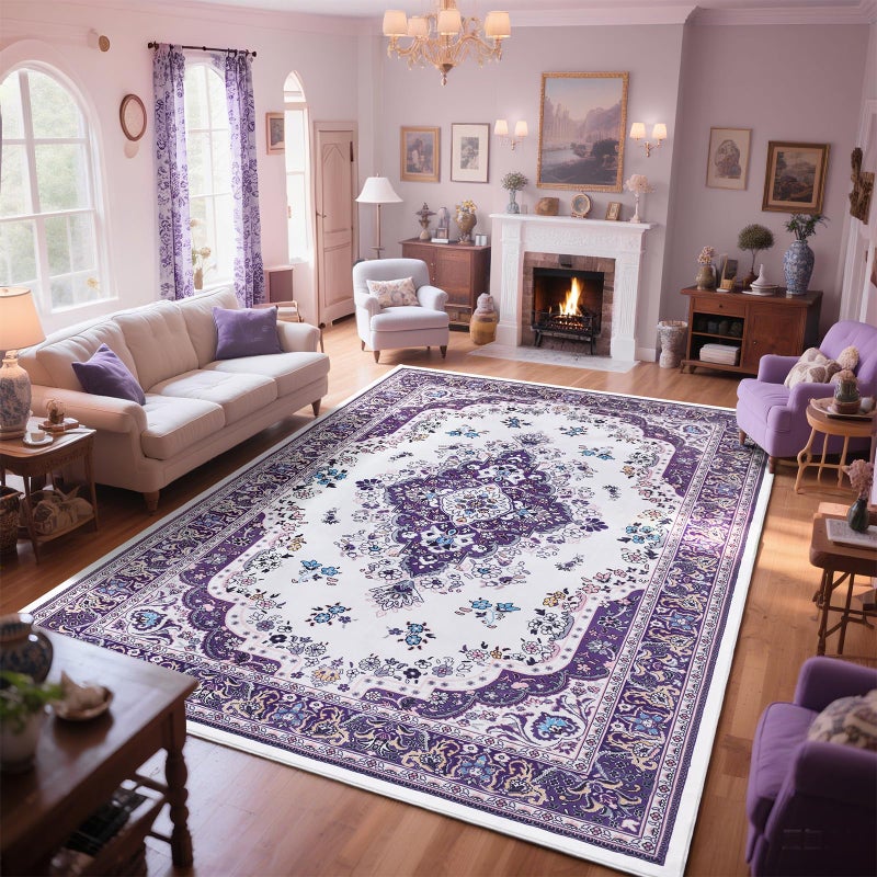 HOMORE Purple Area Rug 8x10 Living Room Rug,Non Slip Washable Rugs for Bedroom Lavender Floor Carpet for Dining Room Office Ultra Thin Vintage Floral Rugs for Farmhouse Home Office Decor - Image 1