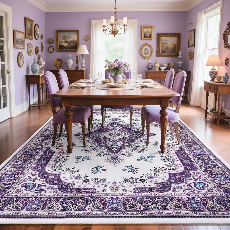 HOMORE Purple Area Rug 8x10 Living Room Rug,Non Slip Washable Rugs for Bedroom Lavender Floor Carpet for Dining Room Office Ultra Thin Vintage Floral Rugs for Farmhouse Home Office Decor - Image 4