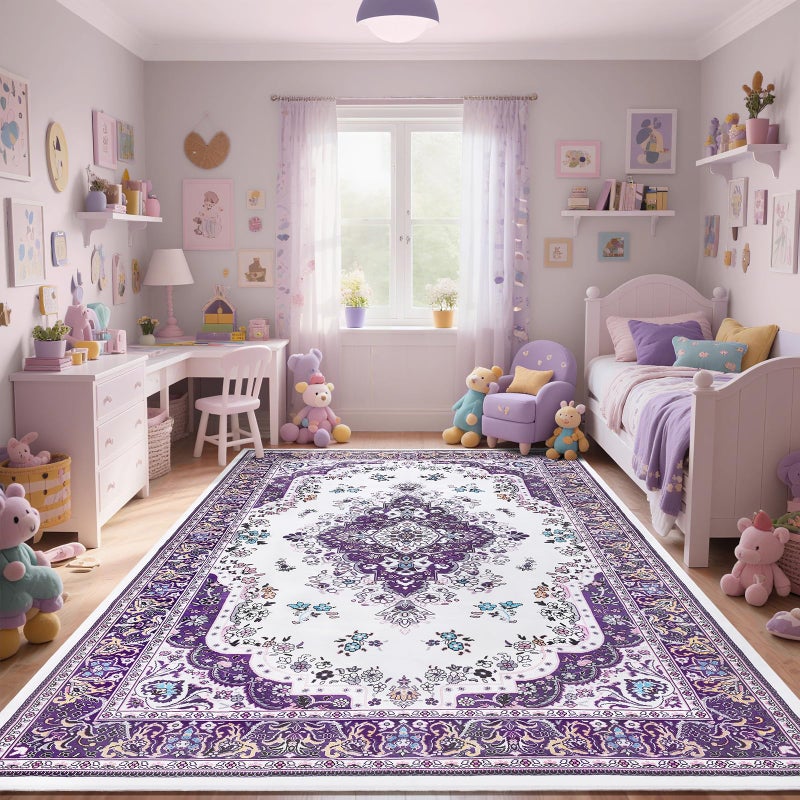 HOMORE Purple Area Rug 8x10 Living Room Rug,Non Slip Washable Rugs for Bedroom Lavender Floor Carpet for Dining Room Office Ultra Thin Vintage Floral Rugs for Farmhouse Home Office Decor - Image 5