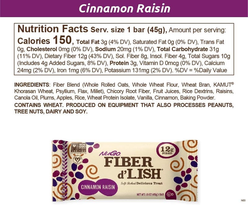 NuGo Fiber d'Lish Bar - Cinnamon Raisin Flavor, 16 Count - Image 2