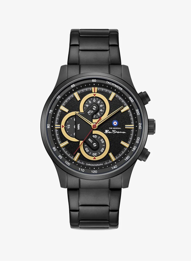 Ben Sherman Brighton Black Dial Black Stainless Steel Bracelet Chronograph Watch for Men, 43.5mm