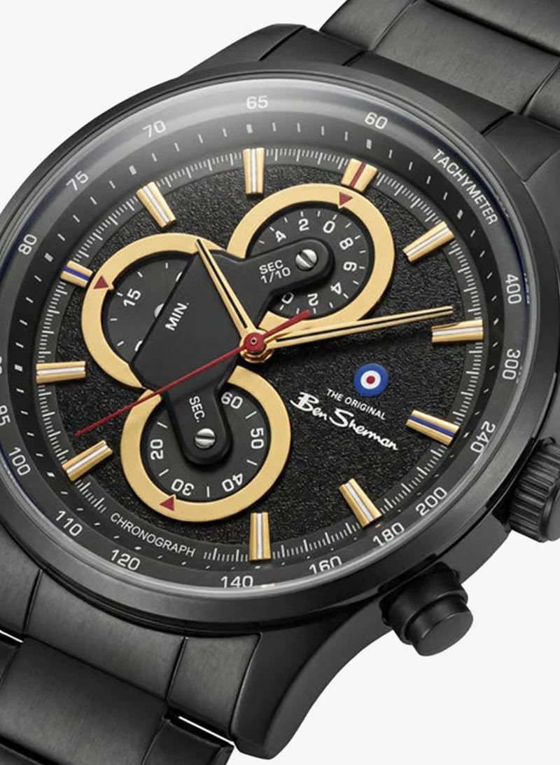 Ben Sherman Brighton Black Dial Black Stainless Steel Bracelet Chronograph Watch for Men, 43.5mm