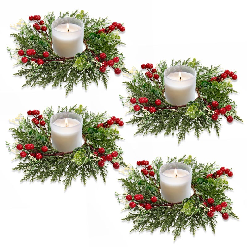 SOMYTING Christmas Candle Rings Wreaths Xmas Kitchen Cabinet Wreath Mini Xmas Wreaths Table Centerpieces Candle Rings for Pillars Christmas Front Door Window Chair Decorations 4PCS - Image 2