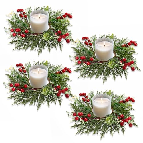 SOMYTING Christmas Candle Rings Wreaths Xmas Kitchen Cabinet Wreath Mini Xmas Wreaths Table Centerpieces Candle Rings for Pillars Christmas Front Door Window Chair Decorations 4PCS - Image 1