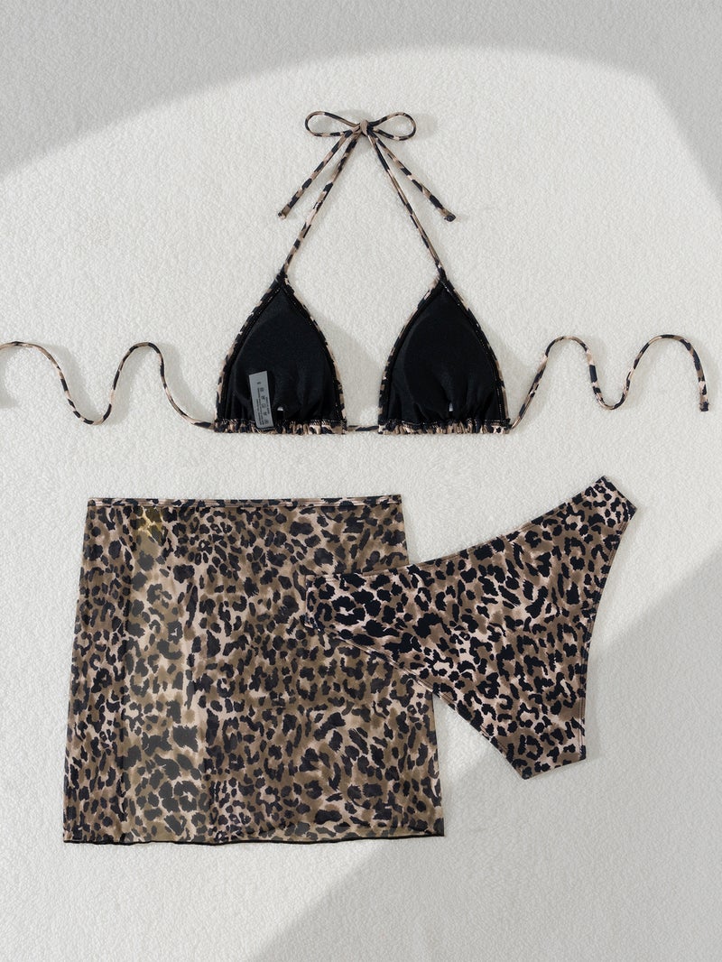 Swimsuit Women''s Three-piece Set Leopard Bikini and Triangle Cup Strap High-grade Metal Floral Swimsuit suit - Image 5