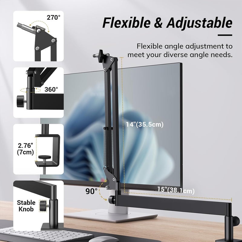 تونور حامل ذراع ميكروفون Tonor للطاولة، ذراع رفع منخفض المستوى للميكروفون، حامل ميكروفون قابل للتعديل مع مشبك تثبيت على الطاولة، محول لولبي 3/8 بوصة و5/8 بوصة لمعظم الميكروفونات، 38 سم + 35 سم (15 بوصة + 14 بوصة)، أسود، T20LP - Image 4