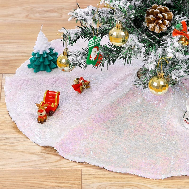 QueenDream 36 Inch Christmas Tree Skirt Iridescent White Tree Skirt Small Sequin Tree Mat for Merry Christmas Party Christmas Tree Decoration - Image 1