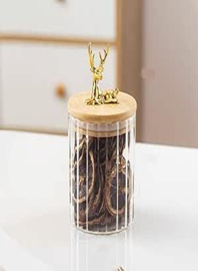Corrugated Glass Storage Container With Wooden Lid - Deer Shape Airtight Grain and Tea Jar for Kitchen Food Storage (630ml)