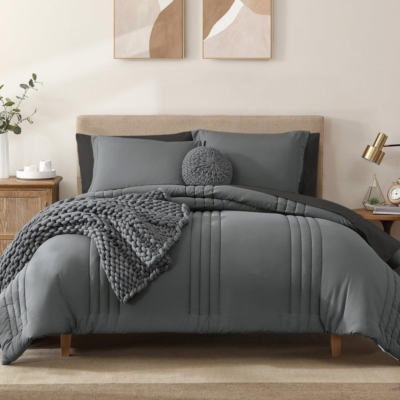 Monbix Queen Comforter Set 7 Pieces Grey Bed in a Bag Queen Bedding Sets with Comforters All Seasons Comforter Bed Set with SheetsPillowcases Shams