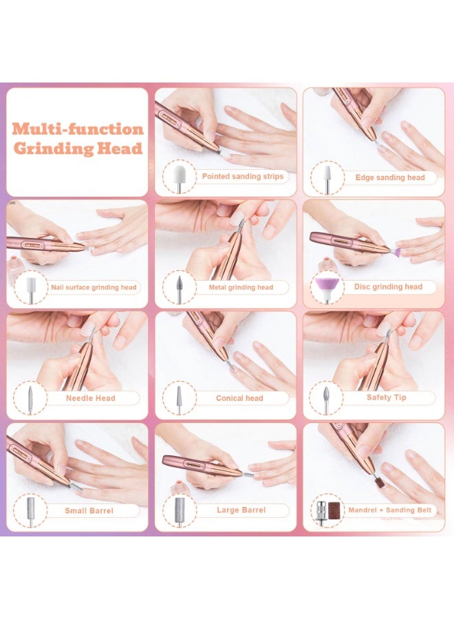 Electric Nail Drill Cordless, 37 Grinding Head Sanding Ring+brush Set, 5-Speed Portable Nail File, Electric Nail File for Acrylic, Hard Skin, Gel Nails, Nail Enhancement DIY, Nail Drill Cuticle Removal Tool Set (Rose Gold) - Image 3