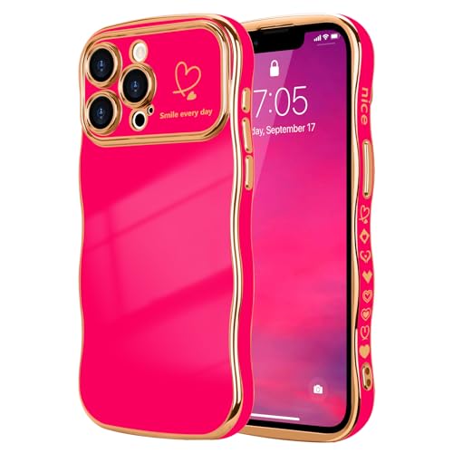 LCHULLE for iPhone 13 Pro Max Case for Women Girls Cute Wave Frame Curly Shape with Love Heart Raised Camera Protection Cover Luxury Plating Shockproof Phone Case for iPhone 13 Pro Max Hot Pink - Image 1