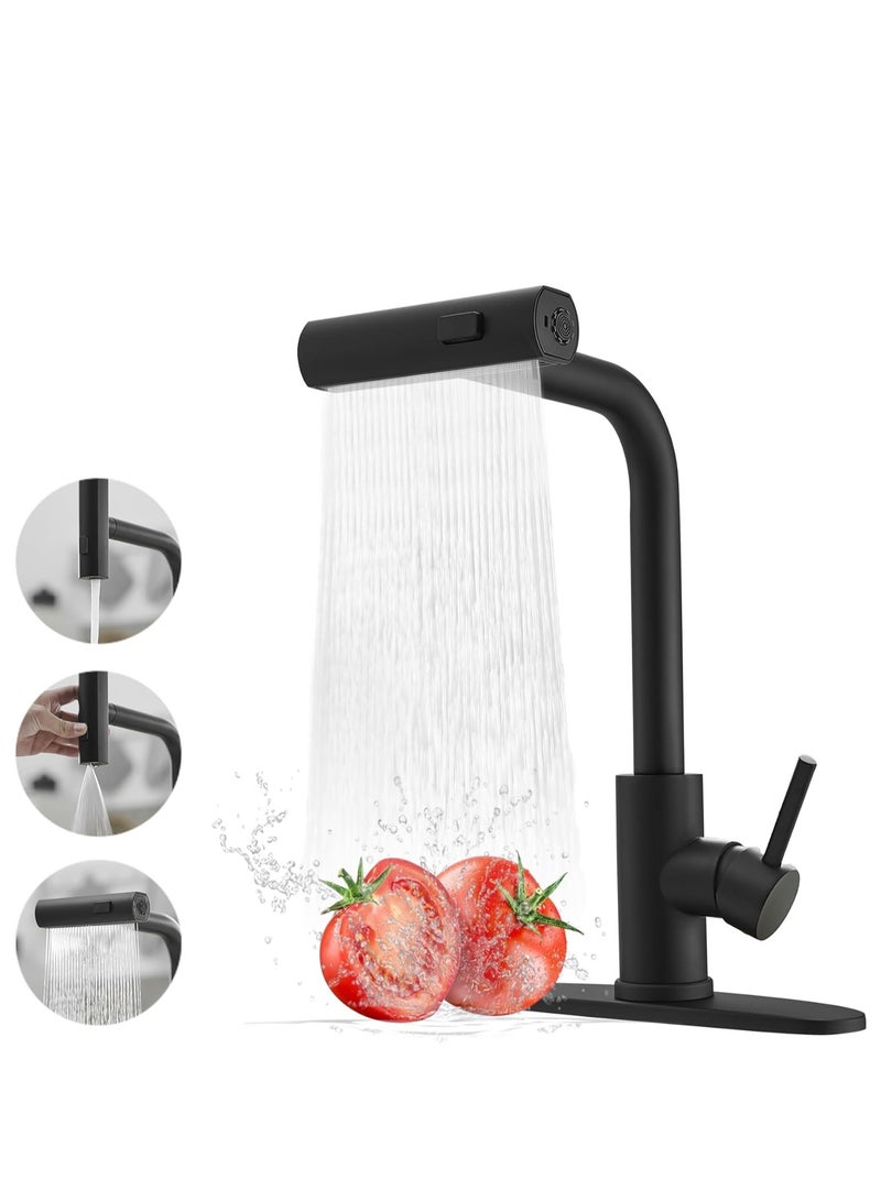GUDOO Black Kitchen Faucets with Pull Down Sprayer,Waterfall Kitchen Sink Faucet,Commercial Utility Stainless Steel Kitchen Faucets,Single Handle Kitchen Sink Faucet with Pull Down Sprayer - Image 1