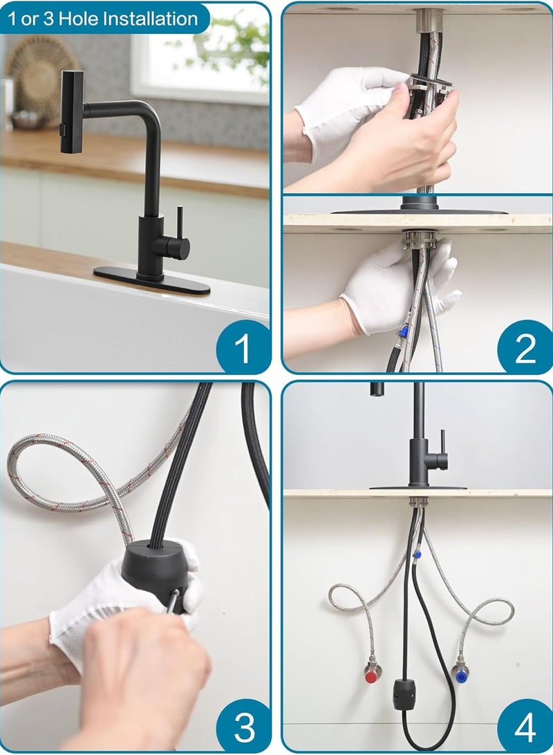 GUDOO Black Kitchen Faucets with Pull Down Sprayer,Waterfall Kitchen Sink Faucet,Commercial Utility Stainless Steel Kitchen Faucets,Single Handle Kitchen Sink Faucet with Pull Down Sprayer - Image 4