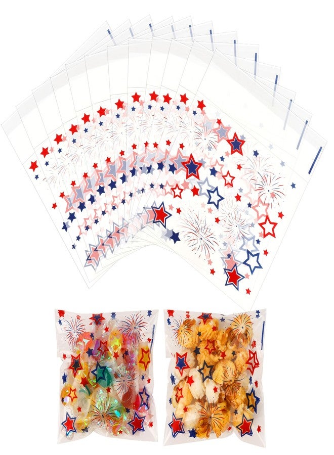 ChicQuench 4th of July Cellophane Treat Bags, 100 PCS Patriotic Treat Bags, Self Adhesive Red Blue Star Firework Plastic Fourth of July Candy Cookie Gift Goodies Snacks Bag for Independence Day Party Supplies - Image 1