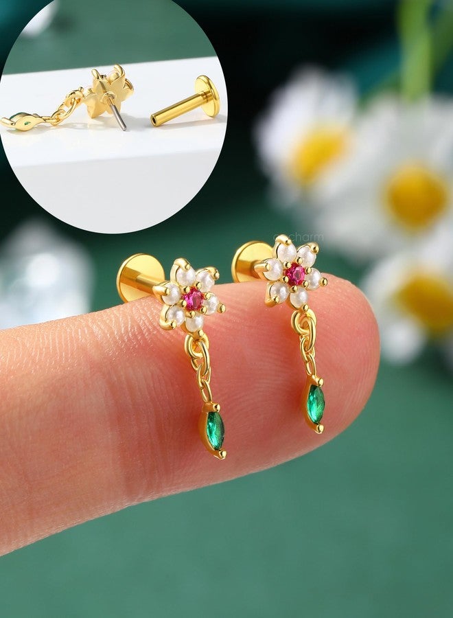 COCHARM 16G Dangle Flower Helix Cartilage Piercing Jewelry Gold, Pink Gem Helix Cartilage Earring Stud Threadless Pearl Lobe Jewelry for Women Flatback Ear Piercing Push Pin 6mm - Image 4