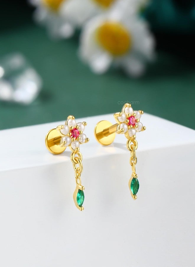 COCHARM 16G Dangle Flower Helix Cartilage Piercing Jewelry Gold, Pink Gem Helix Cartilage Earring Stud Threadless Pearl Lobe Jewelry for Women Flatback Ear Piercing Push Pin 6mm - Image 5