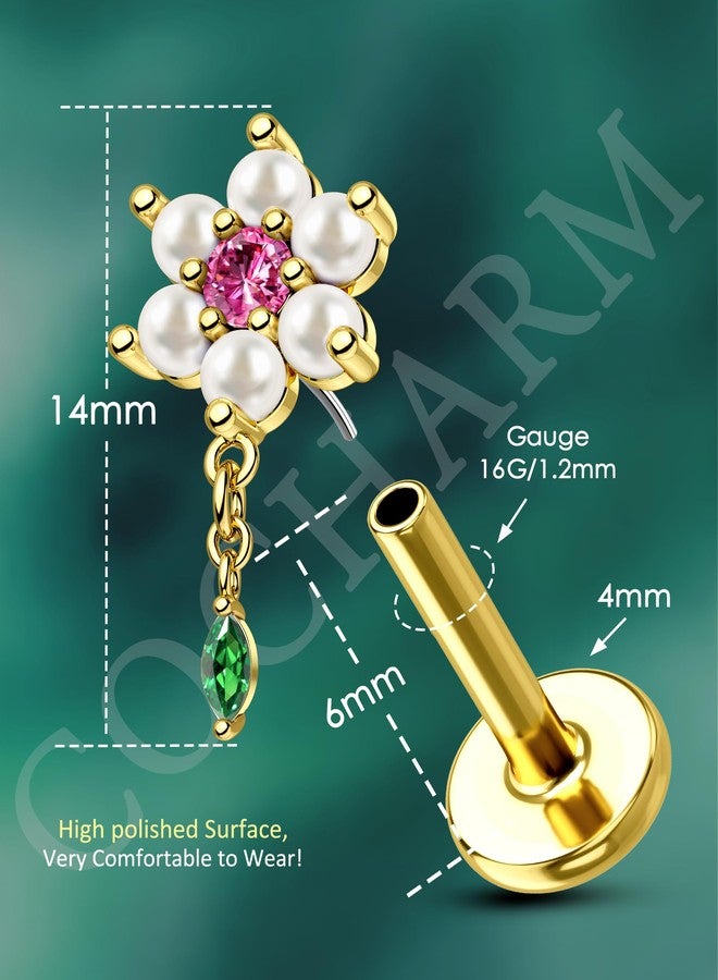 COCHARM 16G Dangle Flower Helix Cartilage Piercing Jewelry Gold, Pink Gem Helix Cartilage Earring Stud Threadless Pearl Lobe Jewelry for Women Flatback Ear Piercing Push Pin 6mm - Image 3