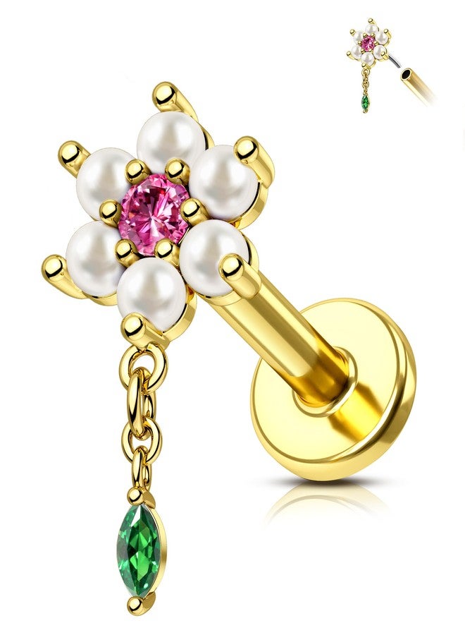 COCHARM 16G Dangle Flower Helix Cartilage Piercing Jewelry Gold, Pink Gem Helix Cartilage Earring Stud Threadless Pearl Lobe Jewelry for Women Flatback Ear Piercing Push Pin 6mm - Image 1