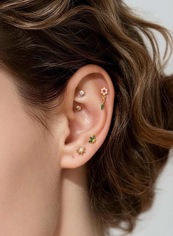 COCHARM 16G Dangle Flower Helix Cartilage Piercing Jewelry Gold, Pink Gem Helix Cartilage Earring Stud Threadless Pearl Lobe Jewelry for Women Flatback Ear Piercing Push Pin 6mm - Image 2