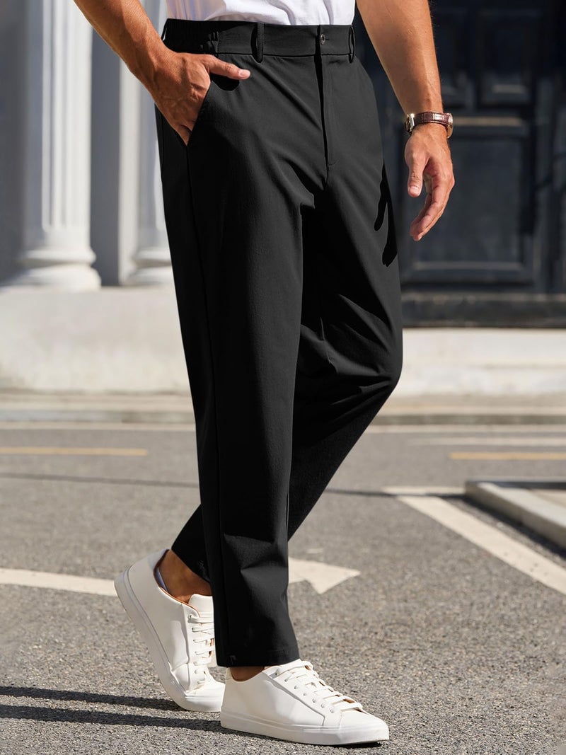Runcati Mens Stretch Golf Pants Casual Slim Fit Dress Pants Elastic Waist Tapered Work Cropped Trousers Black - Image 2