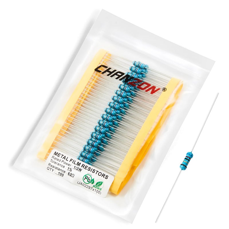 CHANZON 100pcs 1/2W (0.5W)62Ω ohm Metal Film Fixed Resistor 0.01 ±1% Tolerance 62 R MF Through Hole Resistors Current Limiting Rohs Certificated - Image 1