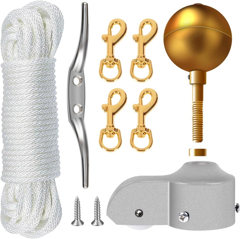 NQ Flagpole Hardware Repair Parts Kit,50 Feet Halyard Rope+3" Gold Ball+6" Zinc Alloy Cleat + 4 Metal Swivel Snap Clips + Aluminum Alloy Flagpole Truck with Nylon Pulley for 1.6"-2" Flag Poles - Image 1