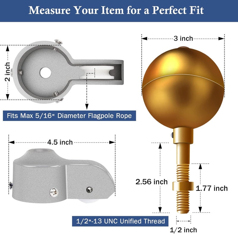 NQ Flagpole Hardware Repair Parts Kit,50 Feet Halyard Rope+3" Gold Ball+6" Zinc Alloy Cleat + 4 Metal Swivel Snap Clips + Aluminum Alloy Flagpole Truck with Nylon Pulley for 1.6"-2" Flag Poles - Image 3