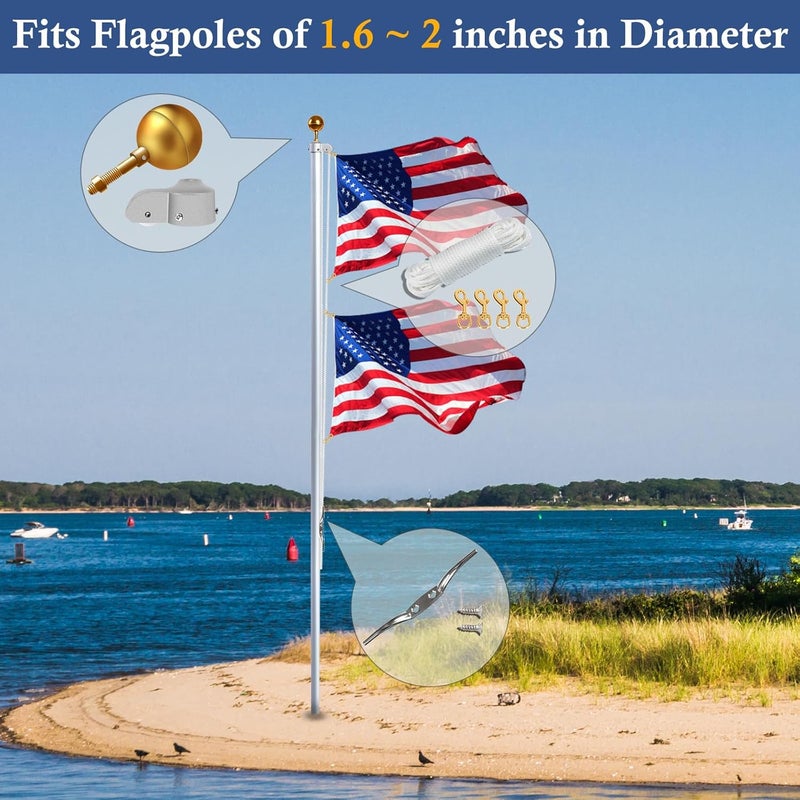 NQ Flagpole Hardware Repair Parts Kit,50 Feet Halyard Rope+3" Gold Ball+6" Zinc Alloy Cleat + 4 Metal Swivel Snap Clips + Aluminum Alloy Flagpole Truck with Nylon Pulley for 1.6"-2" Flag Poles - Image 2