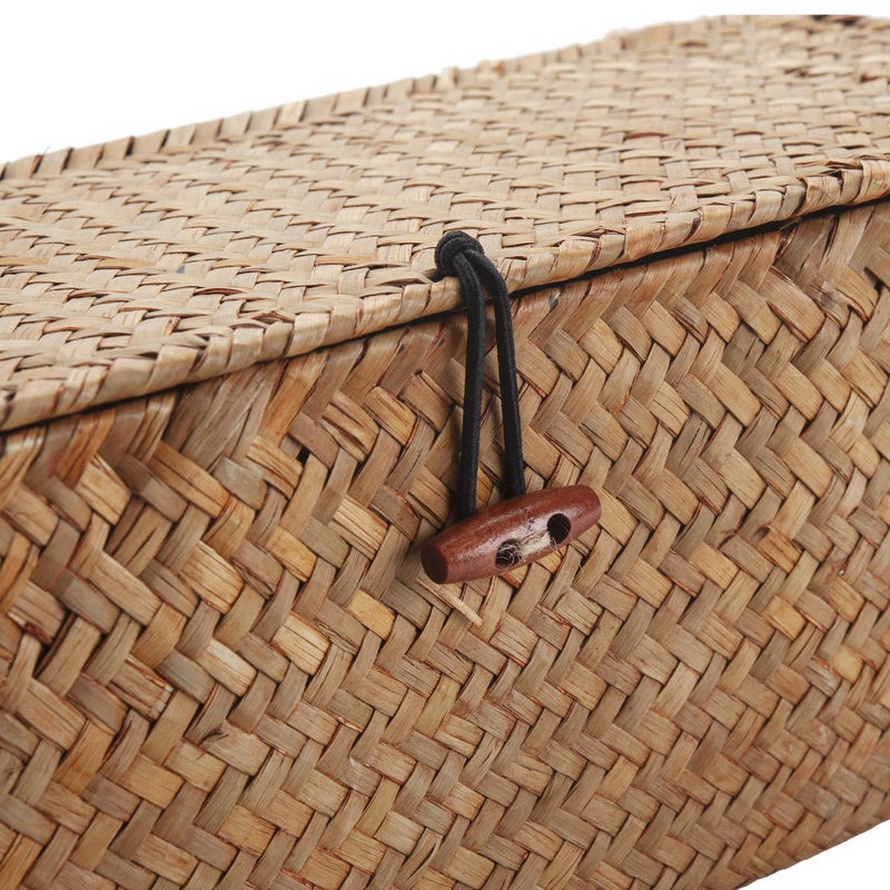 DECRAFTS Seagrass Storage Basket with Lid Rectangular Small Woven Shelf Baskets with Sections for Organize Snack Toys Tampon - Image 5