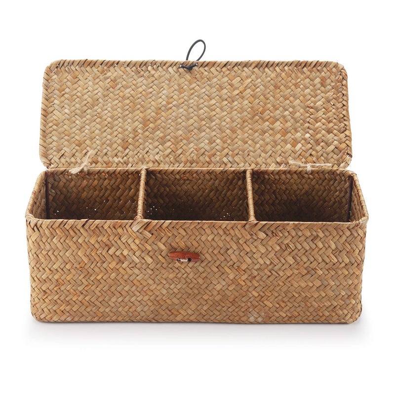 DECRAFTS Seagrass Storage Basket with Lid Rectangular Small Woven Shelf Baskets with Sections for Organize Snack Toys Tampon - Image 2