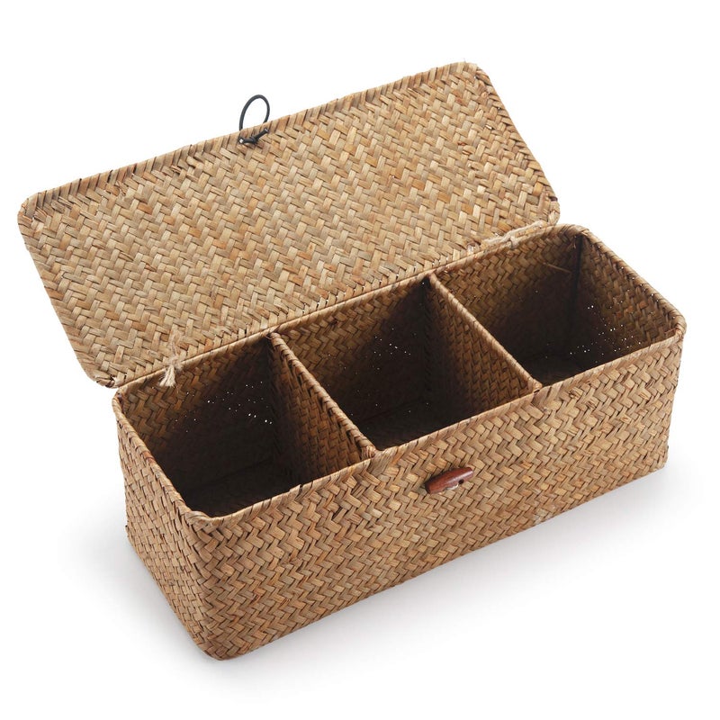 DECRAFTS Seagrass Storage Basket with Lid Rectangular Small Woven Shelf Baskets with Sections for Organize Snack Toys Tampon - Image 1
