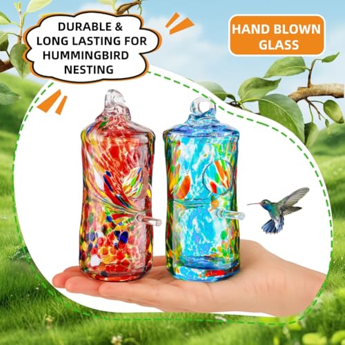 WOSIBO 2 Pack Hummingbird Houses for Outside Hanging Hand Blown Glass Hummingbird Accessories Nest House Bird Houses for Outdoor Patio Garden Decoration - Image 4