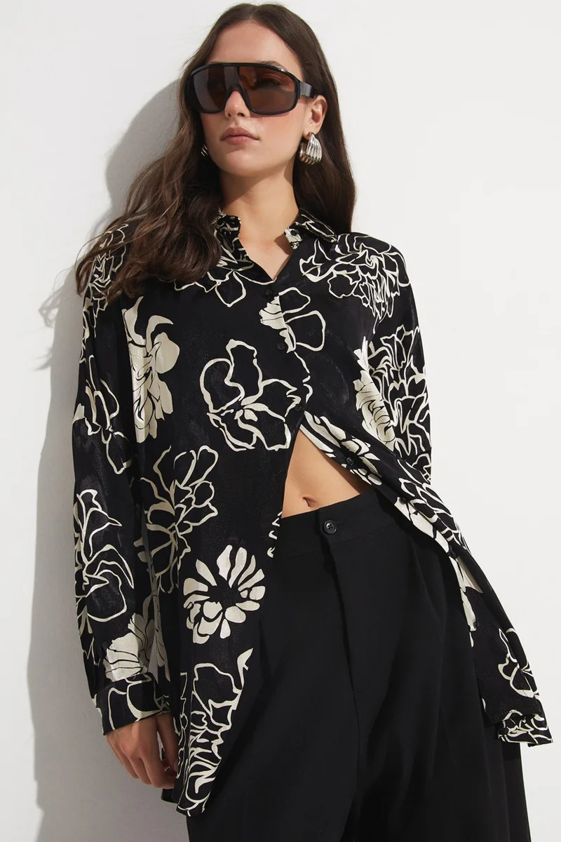 JUNE Women's Exclusive Oversize/loose Cut Viscose Blend Floral Patterned Shirt