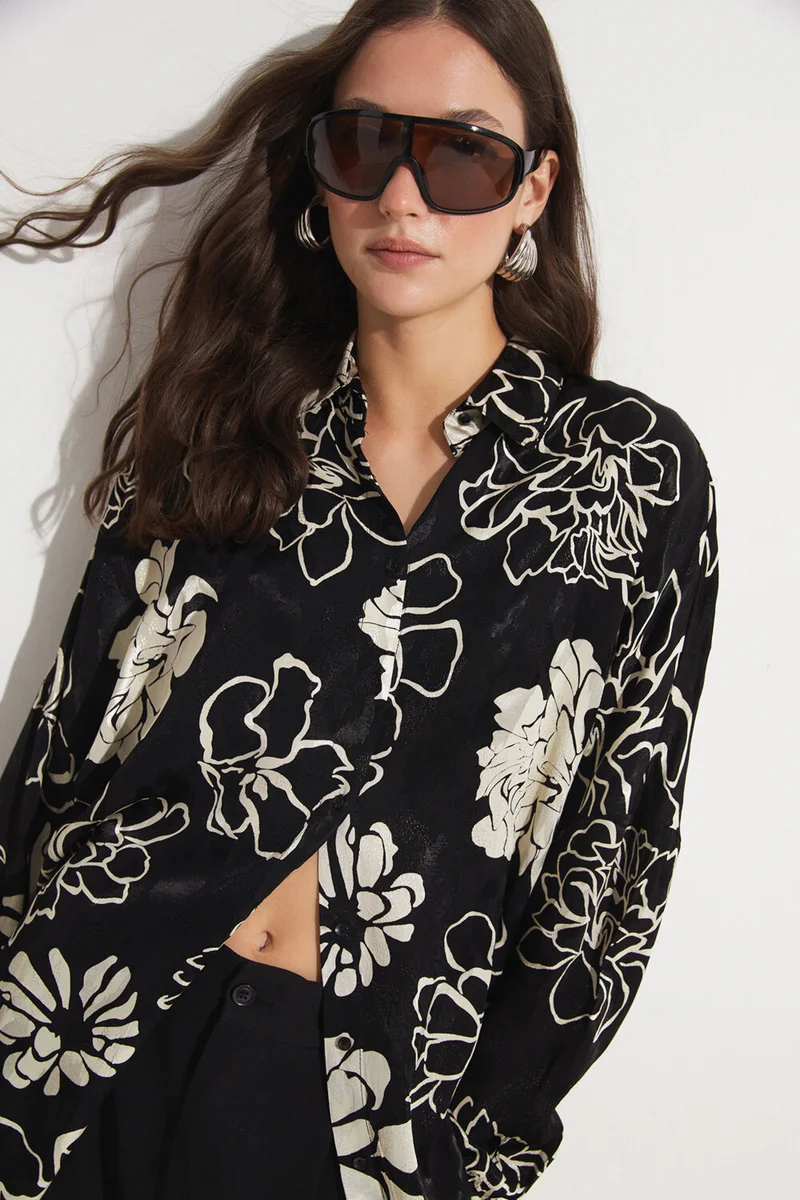 JUNE Women's Exclusive Oversize/loose Cut Viscose Blend Floral Patterned Shirt
