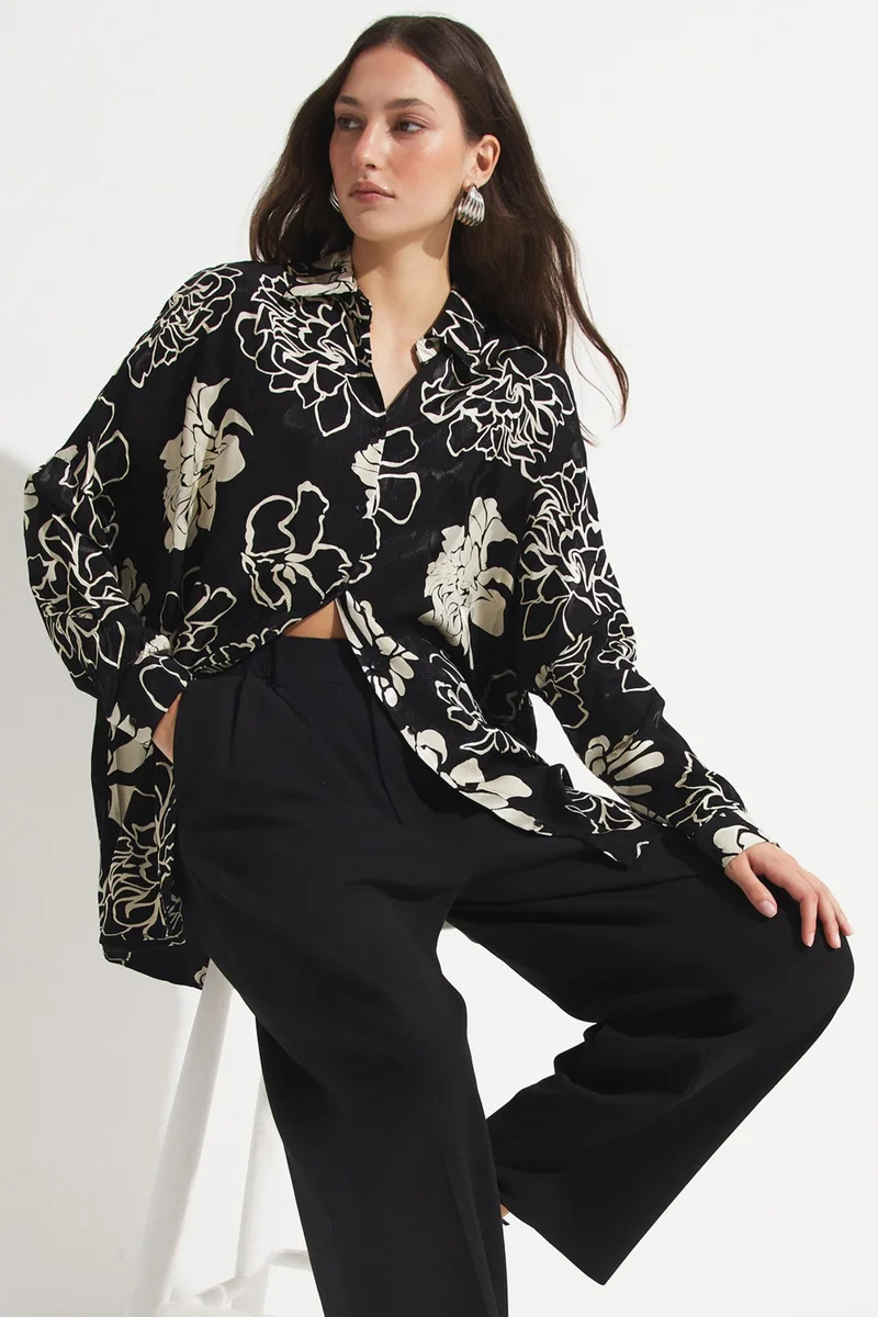 JUNE Women's Exclusive Oversize/loose Cut Viscose Blend Floral Patterned Shirt